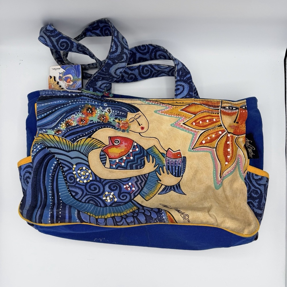 Vintage Laurel Burch Art Shoulder Tote Bag with Embroidered Mermaid With Charm